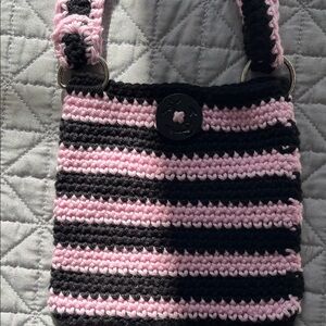 Striped Pink and Black Crochet Shoulder Bag